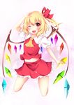  ascot blonde_hair bow fang flandre_scarlet hair_bow highres kneeling midriff miy@ navel no_hat no_headwear one_eye_closed open_mouth puffy_short_sleeves puffy_sleeves red_eyes shirt short_sleeves side_ponytail skirt skirt_set smile solo touhou vest wings 
