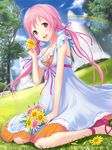  :d bow breasts casual cleavage dress flower hair_bow hair_ribbon holding ilog long_hair looking_at_viewer medium_breasts occhan_(11715) official_art open_mouth pink_hair rainbow ribbon sakuragi_kokoro sandals sitting smile solo twintails white_dress 