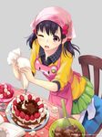  ;o akiyama_minaki apron black_eyes black_hair bowl cake casual cream cream_on_face food food_on_face food_themed_hair_ornament fork fruit hair_ornament head_scarf icing ilog mixing_bowl occhan_(11715) official_art one_eye_closed open_mouth pastry_bag recipe_(object) seiza sitting solo spoon strawberry strawberry_hair_ornament whisk 