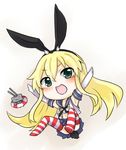  :3 :d animal_ears bad_id bad_pixiv_id blonde_hair bunny_ears bunny_tail elbow_gloves fake_animal_ears gloves green_eyes hairband kantai_collection lifebuoy long_hair looking_at_viewer navel open_mouth pleated_skirt rensouhou-chan school_uniform serafuku shimakaze_(kantai_collection) skirt smile striped striped_legwear tail thighhighs turret white_gloves yonerinoko_(banberabu) 