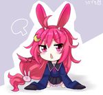  ahoge all_fours animal_ears bad_id bad_pixiv_id bunny_ears bunny_hair_ornament chibi crescent crescent_hair_ornament hair_ornament kantai_collection kemonomimi_mode long_hair looking_at_viewer low-tied_long_hair open_mouth pleated_skirt skirt sleeves_past_wrists solo translated uzuki_(kantai_collection) very_long_hair yonerinoko_(banberabu) 