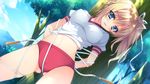  1girl anapom arms_behind_back bdsm blonde_hair blue_eyes blush bondage bound breasts buruma crotch_rope forest game_cg gym_uniform highres legs long_hair looking_down medium_breasts midriff nature navel open_mouth rope shinonome_urara shukufuku_no_kane_no_oto_wa_sakura-iro_no_kaze_to_tomo_ni side_ponytail sky solo standing thighs tree trees 