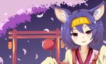  animal_ear_fluff animal_ears blush candy_apple cherry_blossoms fang food fox_ears hatsuse_izuna headband highres japanese_clothes kertaspata looking_at_viewer no_game_no_life purple_hair red_eyes short_hair sleeves_past_wrists slit_pupils smile solo torii upper_body 