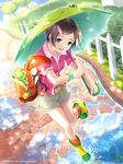  :d bag black_eyes black_hair boots casual hair_ornament hairclip holding ilog kato_momoka occhan_(11715) official_art open_mouth rubber_boots short_hair shorts smile solo umbrella 