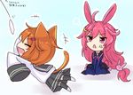  ahoge anger_vein animal_ears bad_id bad_pixiv_id brown_hair bunny_ears bunny_hair_ornament cat_ears cat_tail cat_teaser chibi crescent crescent_hair_ornament fang hair_ornament ikazuchi_(kantai_collection) kantai_collection kemonomimi_mode long_hair low-tied_long_hair multiple_girls open_mouth pink_eyes pink_hair pleated_skirt school_uniform serafuku short_hair skirt sleeves_past_wrists smile tail translated triangle_mouth uzuki_(kantai_collection) very_long_hair yonerinoko_(banberabu) 