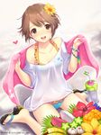  :d brown_eyes brown_hair flower food fruit hair_flower hair_ornament hibiscus ilog looking_at_viewer occhan_(11715) official_art open_mouth sandals shirt short_hair sitting smile solo swimsuit swimsuit_under_clothes t-shirt tajima_yu towel 