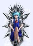  barefoot blue_eyes blue_hair bow cirno crossed_legs dress hair_bow highres ice mmm_(mikito) puffy_short_sleeves puffy_sleeves shoes short_hair short_sleeves single_shoe sitting smile throne touhou 