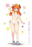  bikini blush bow breasts frilled_bikini frills full_body gekkan_shoujo_nozaki-kun hair_bow long_hair looking_at_viewer medium_breasts navel open_mouth orange_hair polka_dot polka_dot_bow purple_eyes ryoji_(nomura_ryouji) sakura_chiyo sandals solo swimsuit walking zanshomimai 