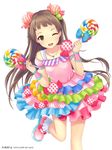  ;d amakusa_rin brown_hair candy food frilled_skirt frills green_eyes hair_ornament holding ilog jewelry lollipop long_hair looking_at_viewer necklace occhan_(11715) official_art one_eye_closed open_mouth skirt smile solo 