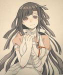  apron bandages black_hair crying crying_with_eyes_open danganronpa long_hair mole mole_under_eye nurse omochiko puffy_short_sleeves puffy_sleeves purple_eyes short_sleeves solo super_danganronpa_2 tears tsumiki_mikan 