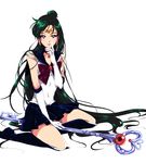  bishoujo_senshi_sailor_moon black_choker boots bow brown_bow choker earrings elbow_gloves full_body gloves green_hair hair_bun jewelry knee_boots kneeling lipstick long_hair looking_at_viewer makeup meiou_setsuna pleated_skirt purple_eyes rakeng sailor_collar sailor_pluto sailor_senshi_uniform skirt solo staff very_long_hair white_background white_gloves 