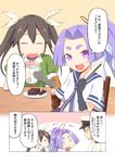  2girls admiral_(kantai_collection) battlegaregga brown_hair comic commentary cup food gloves hair_intakes hair_ribbon hatsuharu_(kantai_collection) kantai_collection long_hair multiple_girls ponytail purple_eyes purple_hair ribbon tone_(kantai_collection) translated twintails wagashi white_ribbon youkan_(food) yunomi 