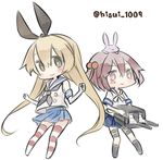  animal animal_on_head blonde_hair brown_eyes bunny bunny_on_head elbow_gloves gloves hair_bobbles hair_ornament hair_ribbon hisui_(kimochi) kantai_collection long_hair machinery multiple_girls neckerchief on_head pink_eyes pink_hair ribbon sazanami_(kantai_collection) shimakaze_(kantai_collection) short_hair skirt smile striped striped_legwear thighhighs two_side_up 