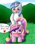  &lt;3 2014 blue_eyes blue_hair blush cub cutie_mark equine fableiii female friendship_is_magic fur hair hi_res hooves horn horse incest long_hair mammal multi-colored_hair my_little_pony open_mouth original_character outside pink_fur pony princess_cadance_(mlp) purple_eyes raised_tail sex smile text two_tone_hair unicorn white_fur young 