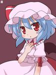 1girl bat_wings blue_hair blush dress female hand_on_chest hand_on_own_chest hat hatomugisan looking_at_viewer pink_dress red_eyes remilia_scarlet short_hair simple_background solo standing touhou vampire wings 