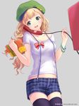  :d beret black_legwear blonde_hair blue_eyes book casual hat holding iino_alice ilog long_hair occhan_(11715) official_art open_mouth phone phone_booth shirt shorts smile suspenders t-shirt thighhighs 