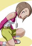  bare_shoulders belt boots breasts brown_eyes brown_hair cameltoe digimon digimon_adventure_02 elbow_gloves erect_nipples gloves halterneck high_collar hikawadou jewelry kneeling necklace open_mouth short_hair shorts simple_background small_breasts socks yagami_hikari 