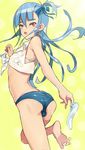  androgynous ass bad_id bad_pixiv_id barefoot blue_hair blush bulge coin_rand crossdressing dutch_angle from_behind hair_ribbon highres long_hair looking_back male_focus midriff no_pupils open_mouth original otoko_no_ko pink_eyes ribbon sandals_removed shirt solo tied_shirt 
