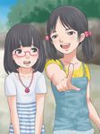  2girls abcnoa artist_request blush female glasses multiple_girls outdoors outside pointing short_hair twintails 