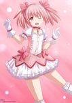  ;d choker frilled_skirt frills gloves head_tilt highres kaname_madoka kazenokaze looking_at_viewer magical_girl mahou_shoujo_madoka_magica one_eye_closed open_mouth pink_eyes pink_hair ribbon_choker skirt smile solo twintails white_gloves 