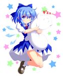  bad_id bad_pixiv_id blue_eyes blue_hair cirno dress highres nanaoto_(lycia) pillow pillow_hug puffy_short_sleeves puffy_sleeves short_sleeves smile star starry_background touhou wings 