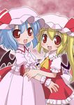  2girls bat_wings blonde_hair blue_hair blush dress female flandre_scarlet hat hatomugisan looking_at_viewer multiple_girls open_mouth pink_background pose posing red_eyes remilia_scarlet short_hair siblings side-by-side side_by_side side_ponytail sisters smile standing touhou wings 