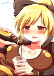  bad_id bad_pixiv_id banned_artist blonde_hair blush bottle bow breasts brown_dress brown_eyes collarbone covered_nipples cup dress drinking_glass drooling drunk hair_bow ice ice_cube kisaragi_zwei kurodani_yamame large_breasts open_mouth solo touhou upper_body 