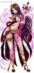  akari1205 bangs blush breasts character_request cleavage copyright_name demon_horns fake_horns hairband highres horns large_breasts long_hair magic midriff navel official_art purple_eyes purple_hair revealing_clothes scepter simple_background skull smile snake solo swept_bangs unison_quest very_long_hair white_background 