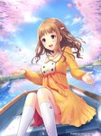  :d boat brown_eyes brown_hair casual cherry_blossoms dress ilog jewelry long_hair looking_at_viewer occhan_(11715) oda_yukari official_art open_mouth pendant petals sitting smile solo sparkle watercraft wind yellow_dress 