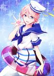  blush english free! hat highres innertube kurea_(even_more_love) male_focus open_mouth pink_hair pun purple_eyes sailor sailor_hat shigino_kisumi smile solo 