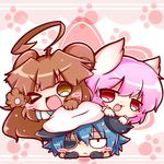  &gt;_o :3 ;d ahoge animal_ears bear_ears bear_girl blue_hair blush_stickers brown_eyes brown_hair cat_ears chibi dog_ears eyepatch hat kantai_collection kemonomimi_mode kiso_(kantai_collection) kuma_(kantai_collection) long_hair lying_on_person multiple_girls one_eye_closed open_mouth paws pink_eyes pink_hair ritateo school_uniform serafuku short_hair smile sweat tama_(kantai_collection) 