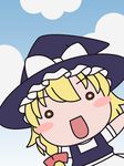  0_0 1girl apron bangs blonde_hair blush blush_stickers braid brown_eyes cloud dress dutch_angle female hair_ornament hair_ribbon hat hatomugisan kirisame_marisa looking_at_viewer o_o open_mouth ribbon sky solo touhou 