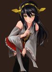 bad_id bad_pixiv_id black_hair boots detached_sleeves fujishiro_yuu hairband haruna_(kantai_collection) highres kantai_collection leaning_forward long_hair looking_at_viewer nontraditional_miko parted_lips pleated_skirt simple_background skirt smile solo thigh_boots thighhighs yellow_eyes 