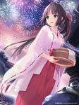  :d black_hair blue_eyes bucket carrying chihaya_(clothing) fireworks hakama ilog japanese_clothes miko occhan_(11715) official_art open_mouth ponytail red_hakama see-through smile solo sugawara_kagura torii towel wide_sleeves 