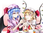  bat_wings blonde_hair blue_hair bowl brooch closed_eyes cup dress drinking_glass feeding flandre_scarlet food hat hat_ribbon highres jewelry mob_cap multiple_girls object_namesake pink_dress pudding puffy_short_sleeves puffy_sleeves red_dress remilia_scarlet ribbon short_sleeves siblings sisters smile spoon table tatetsuki teacup touhou wings 