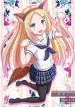  :d animal_ears black_legwear blonde_hair blue_eyes blush cat_ears character_name copyright_name fake_animal_ears fangs full_body hair_ornament hairclip hana_n_fountainstand hanayamata highres kazenokaze kneeling long_hair looking_at_viewer neckerchief open_mouth pantyhose paw_pose plaid plaid_skirt pleated_skirt school_uniform serafuku short_sleeves silhouette skirt smile solo tail translated 