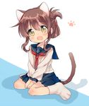  animal_ears bad_id bad_pixiv_id brown_eyes brown_hair cat_ears cat_tail fang folded_ponytail inazuma_(kantai_collection) kantai_collection kemonomimi_mode long_sleeves looking_at_viewer melompan open_mouth paw_print pleated_skirt school_uniform serafuku sitting skirt solo tail 