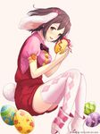  :d ando_hitomi animal_ears argyle argyle_legwear blush boots brown_eyes brown_hair bunny_ears bunny_tail easter easter_egg egg holding holding_egg ilog looking_at_viewer occhan_(11715) official_art open_mouth short_hair sitting smile solo tail thighhighs 