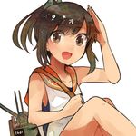  bare_shoulders brown_eyes brown_hair i-401_(kantai_collection) itomugi-kun kantai_collection one-piece_swimsuit open_mouth ponytail sailor_collar salute school_swimsuit school_uniform short_hair short_ponytail smile solo swimsuit swimsuit_under_clothes 