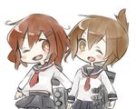  chibi fang folded_ponytail hair_ornament hairclip hisui_(kimochi) ikazuchi_(kantai_collection) inazuma_(kantai_collection) kantai_collection long_hair machinery multiple_girls neckerchief one_eye_closed open_mouth red_neckwear school_uniform serafuku short_hair skirt smile 