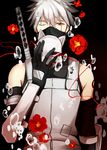  1boy armguard armor bubble bubbles dark_background detached_sleeves flower fox_mask gloves half_mask hatake_kakashi kkkkt looking_at_viewer male male_focus mask naruto one_eye_closed scar sharingan silver_hair solo tattoo weapon 