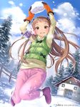 amakusa_rin breath brown_hair gloves green_eyes grin ilog jumping long_hair looking_at_viewer occhan_(11715) official_art pants smile snow snowing solo steam sweater track_pants vest 