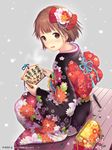  abe_nanami bag brown_eyes brown_hair ema hair_ornament handbag holding ilog japanese_clothes kimono looking_at_viewer occhan_(11715) official_art open_mouth pen short_hair sitting snowing solo steam translation_request 