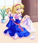  :d alice_margatroid bad_id bad_pixiv_id blonde_hair blue_eyes capelet dress frilled_dress frills hairband highres multiple_girls nanaoto_(lycia) open_mouth shirt short_hair sitting smile socks time_paradox touhou wariza younger 