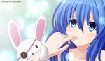  blue_eyes blue_hair date_a_live eyepatch finger_in_mouth highres kazenokaze light_particles long_hair solo_focus stuffed_animal stuffed_bunny stuffed_toy yoshino_(date_a_live) yoshinon 