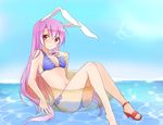  animal_ears bare_shoulders bikini blush breasts bunny_ears cleavage day hand_on_own_chest highres lavender_hair light_smile long_hair looking_at_viewer midriff navel red_eyes reisen_udongein_inaba sky small_breasts solo swimsuit touhou very_long_hair water yukina_(masyumaro610) 