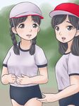 2girls abcnoa artist_request black_hair blush braid buruma cap female hat multiple_girls original school_uniform shirt shorts t-shirt 