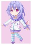  :3 blush bow braid chibi choker cosplay full_body hair_bow hair_ribbon highres hood hoodie kazenokaze looking_at_viewer neptune_(choujigen_game_neptune) neptune_(choujigen_game_neptune)_(cosplay) neptune_(series) purple_eyes purple_hair pururut ribbon simple_background single_braid solo striped striped_legwear thighhighs zettai_ryouiki 