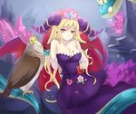  animal bare_shoulders bird blonde_hair blue_flower blue_rose blush breasts bridal_veil cleavage crystal demon_girl demon_horns dress earrings flower horns jewelry leaf lilith_(p&amp;d) long_hair m-musume_(catbagel) medium_breasts owl pink_eyes pink_flower pink_rose pointy_ears purple_dress puzzle_&amp;_dragons red_flower red_rose rose sleeveless sleeveless_dress smile snake solo tiara veil very_long_hair 