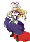  blonde_hair dress elbow_gloves fan gloves hair_ribbon hat highres long_hair looking_at_viewer purple_eyes ribbon skirt_hold smile solo touhou tsurusaki_yuu white_gloves yakumo_yukari 